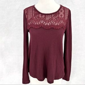 Lucky Brand Port Royale Wine Lace Mixed Thermal Long Sleeve Top Boatneck Hi-Low